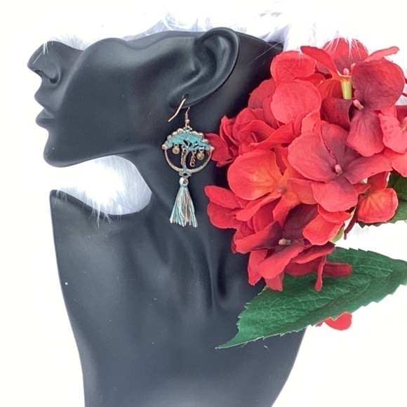 BOGO New Turquoise Blue & Copper Southwestern Boho Tree Of Life Tassel Earrings - Picture 3 of 7